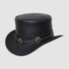 Black leather top hat with braided hatband and wildcat concho accents