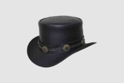 Black leather top hat with braided hatband and wildcat concho accents