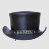 Black leather top hat with metal chain band and outlaw rider styling