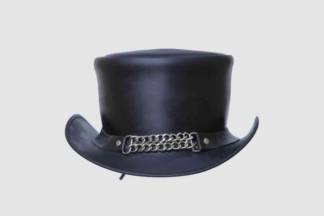 Black leather top hat with metal chain band and outlaw rider styling