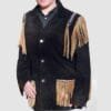 Men's black cowhide suede Western fringe jacket with contrasting tan fringe and woven shoulder trim