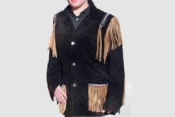 Men's black cowhide suede Western fringe jacket with contrasting tan fringe and woven shoulder trim