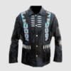 Men's cowboy style black leather eagle beaded fringe jacket with decorative bone accents
