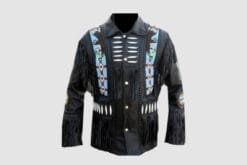 Men's cowboy style black leather eagle beaded fringe jacket with decorative bone accents