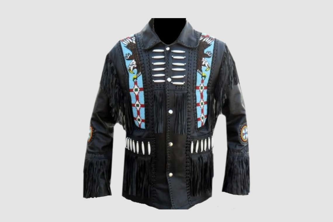 Men's cowboy style black leather eagle beaded fringe jacket with decorative bone accents