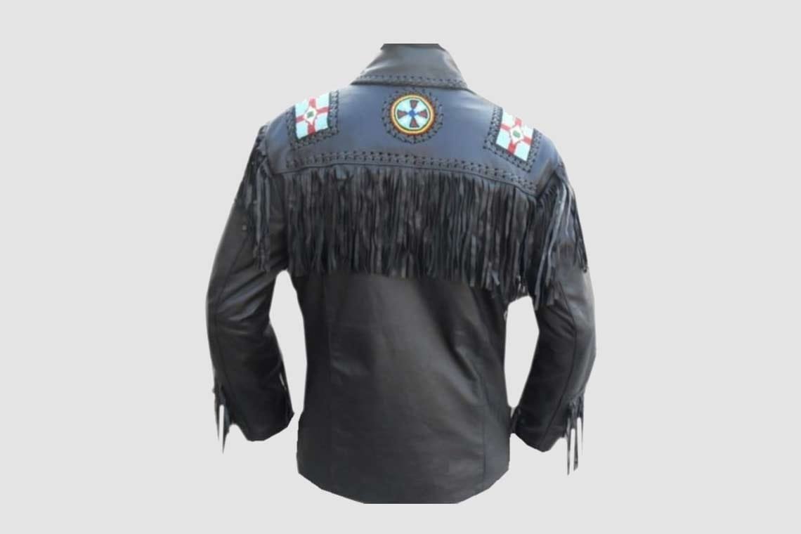 Men's Cowboy Style Black Leather Eagle Beaded Fringe Jacket - Image 2