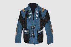Men's midnight frontier fringe suede leather jacket with black fringe and bone-style accents