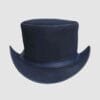 Blue waxed leather top hat with simple band and classic Victorian crown design