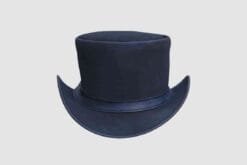 Blue waxed leather top hat with simple band and classic Victorian crown design