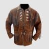 Men's brown cowhide suede lace-up fringe jacket with braided yoke trim and lace-cut chest panels