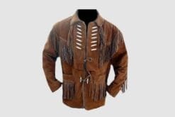 Men's brown cowhide suede lace-up fringe jacket with braided yoke trim and lace-cut chest panels