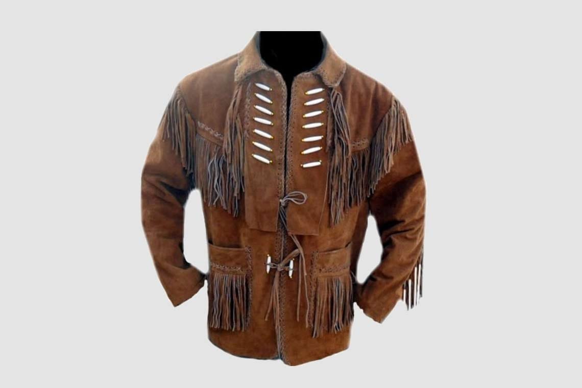 Men's brown cowhide suede lace-up fringe jacket with braided yoke trim and lace-cut chest panels