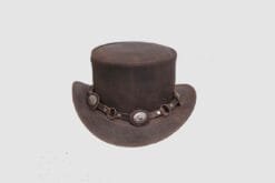 Distressed brown leather top hat with concho harness band and metal ring accents