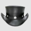 Black leather top hat with buffalo nickel band and Pale Rider Western design