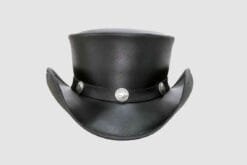 Black leather top hat with buffalo nickel band and Pale Rider Western design