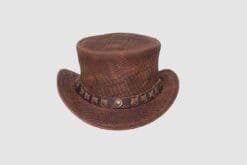 Brown embossed reptile leather top hat with decorative star band and Western-inspired styling