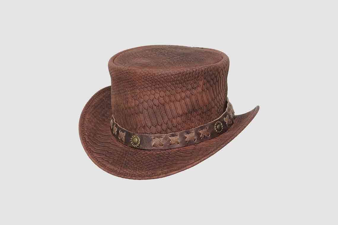 Embossed Reptile Brown Leather Top Hat – Western Steampunk Style - Image 2