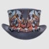 Black leather top hat with flaming skull artwork and skull chain band in gothic biker style