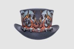 Black leather top hat with flaming skull artwork and skull chain band in gothic biker style