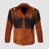 Men's saddle brown cowhide suede fringe jacket with contrasting black fringe and embroidered shoulder accents