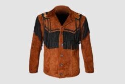 Men's saddle brown cowhide suede fringe jacket with contrasting black fringe and embroidered shoulder accents