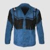 Men's blue cowhide suede Western jacket with black fringe and handcrafted shoulder yoke detailing