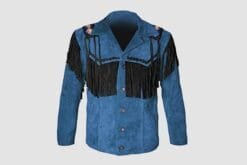 Men's blue cowhide suede Western jacket with black fringe and handcrafted shoulder yoke detailing