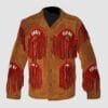 Men's brown cowhide suede Western jacket with crimson fringe panels, bone-style accents, and handcrafted whip stitching
