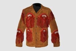 Men's brown cowhide suede Western jacket with crimson fringe panels, bone-style accents, and handcrafted whip stitching