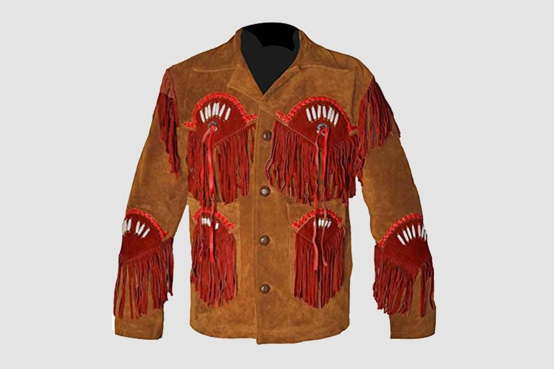 Men's brown cowhide suede Western jacket with crimson fringe panels, bone-style accents, and handcrafted whip stitching
