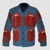 Men's slate blue cowhide suede Western jacket with crimson fringe panels, decorative bone-style accents and button-front closure