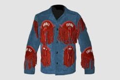Men's slate blue cowhide suede Western jacket with crimson fringe panels, decorative bone-style accents and button-front closure