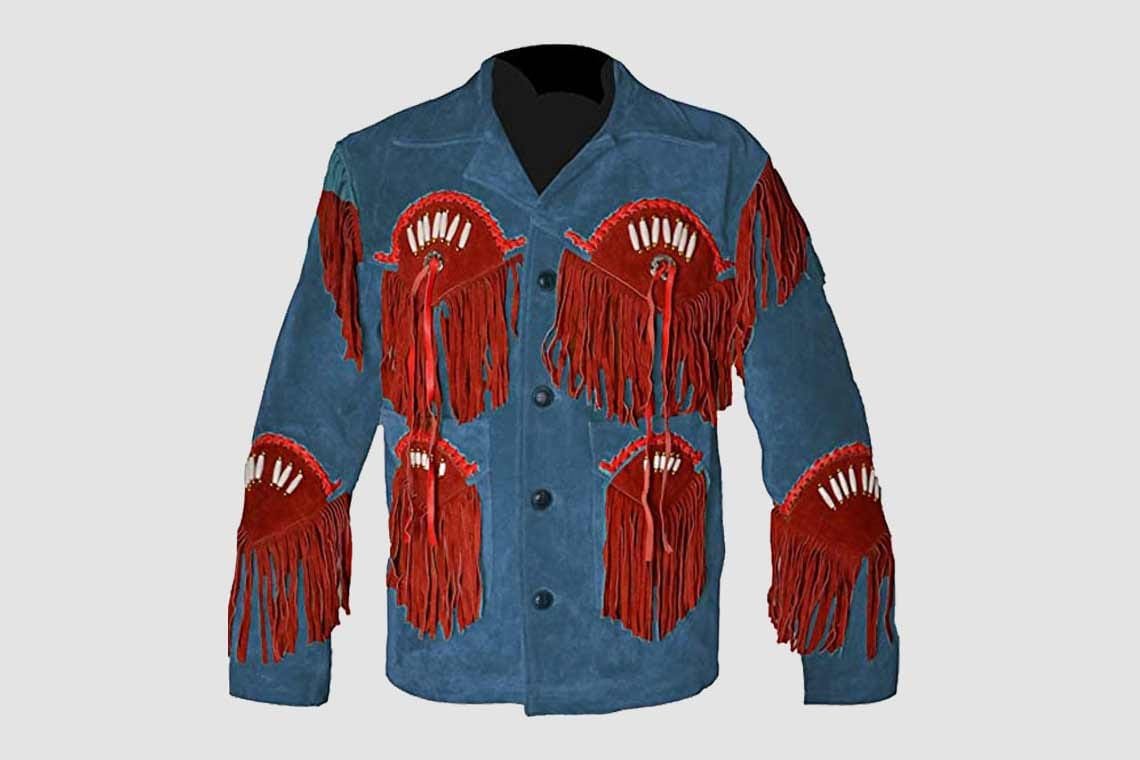 Men's slate blue cowhide suede Western jacket with crimson fringe panels, decorative bone-style accents and button-front closure