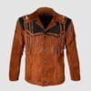 Men's copper frontier fringe suede leather jacket with black contrast Western yoke and beaded shoulder accents
