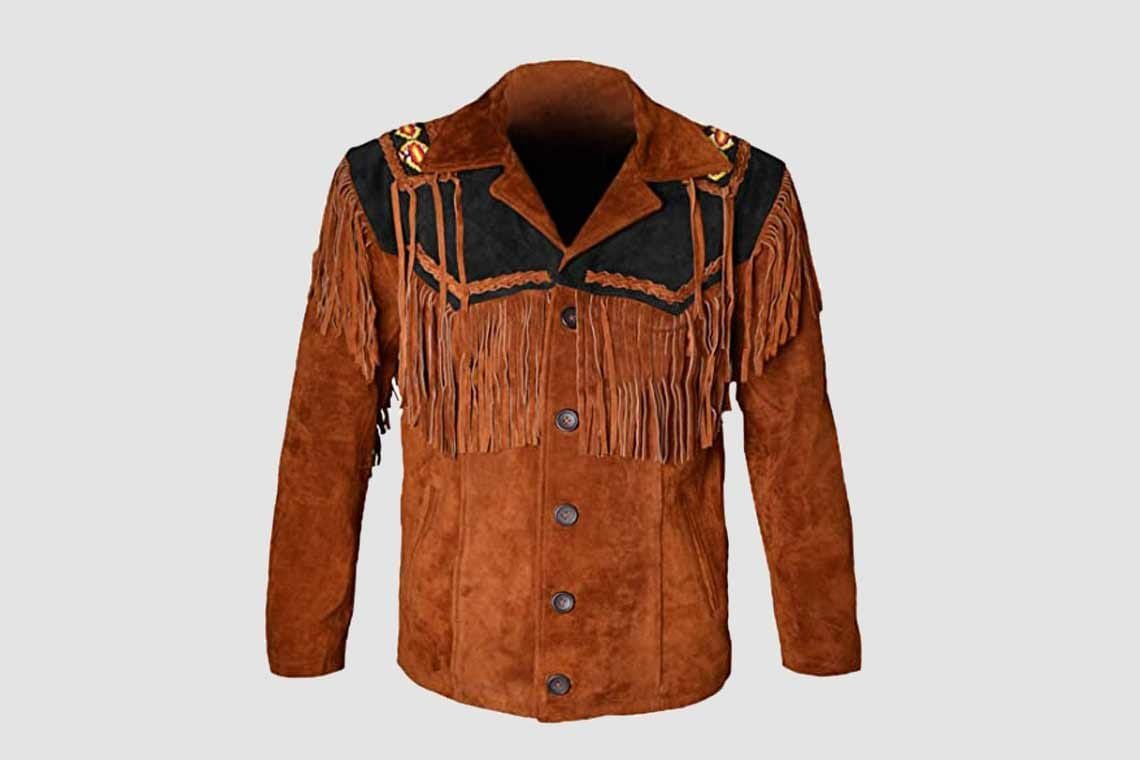 Men's copper frontier fringe suede leather jacket with black contrast Western yoke and beaded shoulder accents