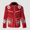 Men's crimson red cowhide suede fringe jacket with white whipstitch trim, concho-style medallions, and decorative sleeve panels
