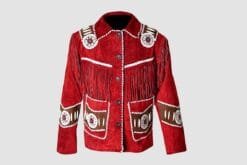 Men's crimson red cowhide suede fringe jacket with white whipstitch trim, concho-style medallions, and decorative sleeve panels