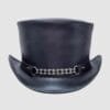 Black leather top hat with metal roller chain band and industrial rider styling