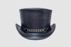 Black leather top hat with metal roller chain band and industrial rider styling