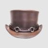 Brown leather top hat with harness ring band and frontier steampunk design
