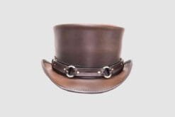 Brown leather top hat with harness ring band and frontier steampunk design