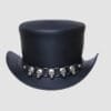 Black leather top hat with silver iron skull band and gothic outlaw design
