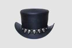 Black leather top hat with silver iron skull band and gothic outlaw design