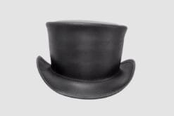 Black leather top hat with unbanded crown and classic handcrafted silhouette