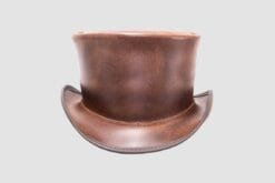 Brown leather top hat with unbanded design and classic frontier styling