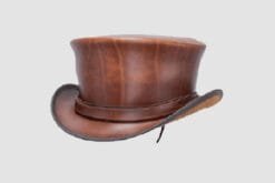 Brown leather top hat with simple matching band and classic handcrafted design