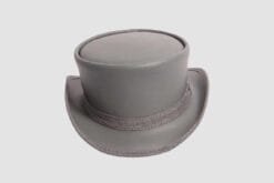 Gray leather top hat with matching band and classic Victorian-inspired design
