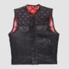 Men's Black Quilted Leather Motorcycle Vest with Red Paisley Lining in genuine leather