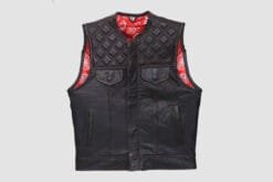 Men's Black Quilted Leather Motorcycle Vest with Red Paisley Lining in genuine leather