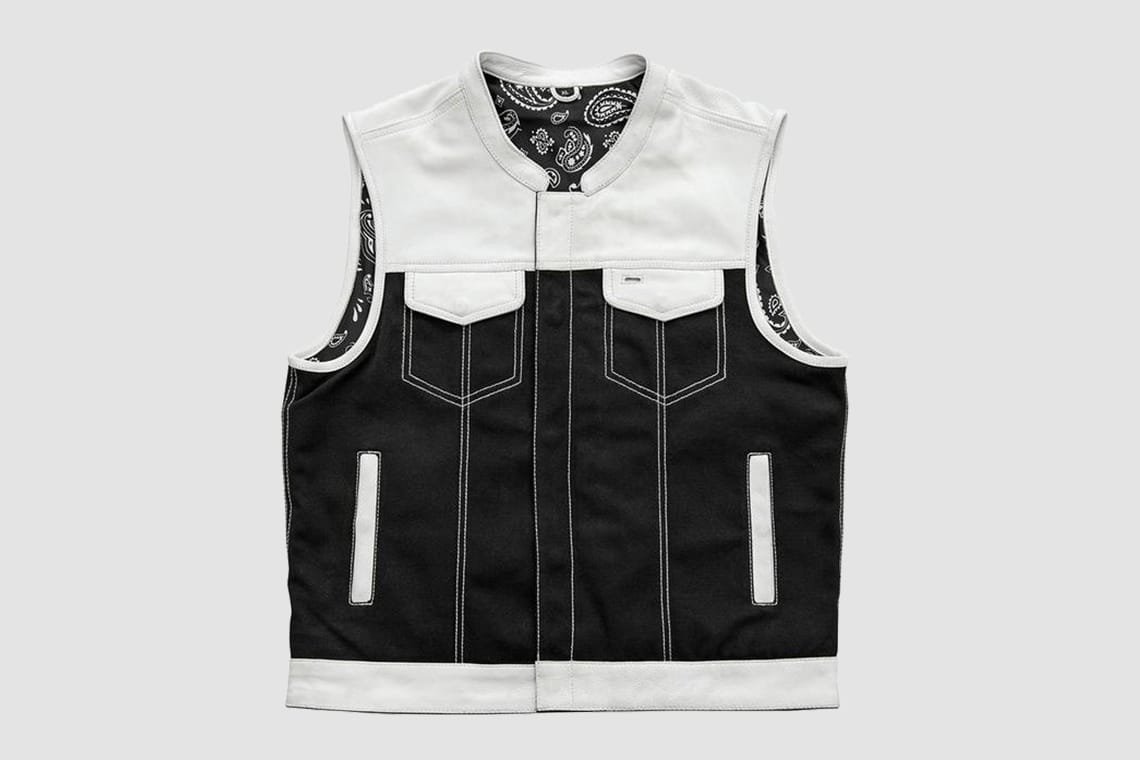 Men's Black & White Leather Motorcycle Vest with Paisley Lining front and interior views